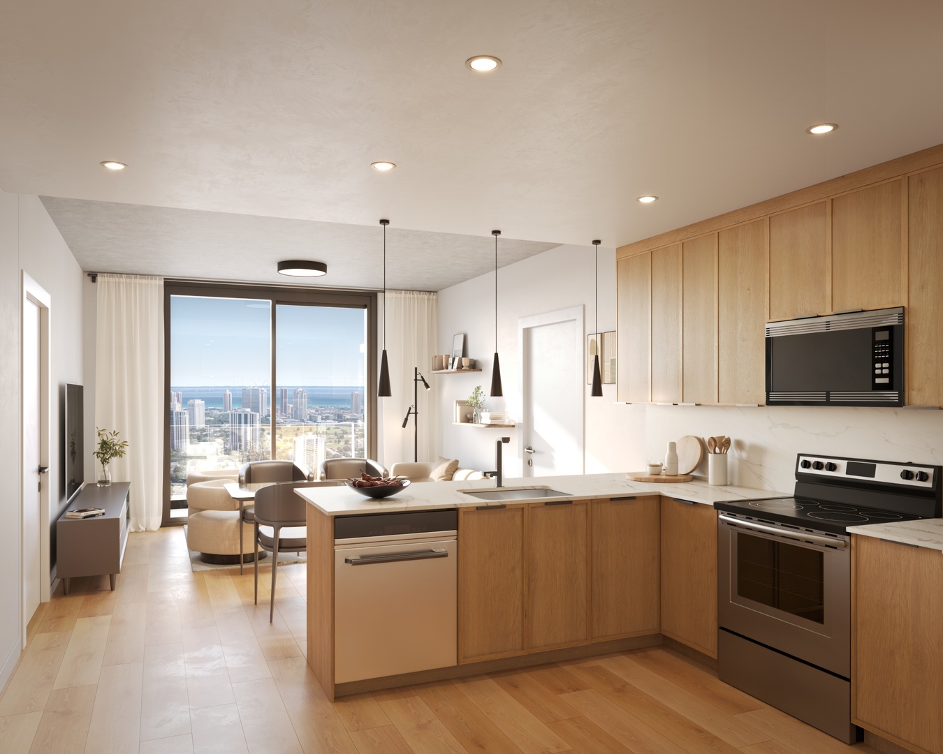 Kitchen view looking towards the living area.